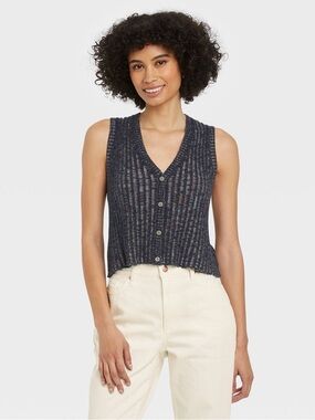 Universal Thread Black Multi Ribbed Knit Button Up Crop V-Neck Sweater Vest NWT